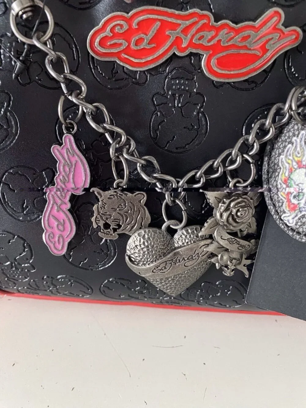 Ed Hardy Black Red Tote Satchel Chain Charm Studded Croc Embossed‎ Skulls NEW